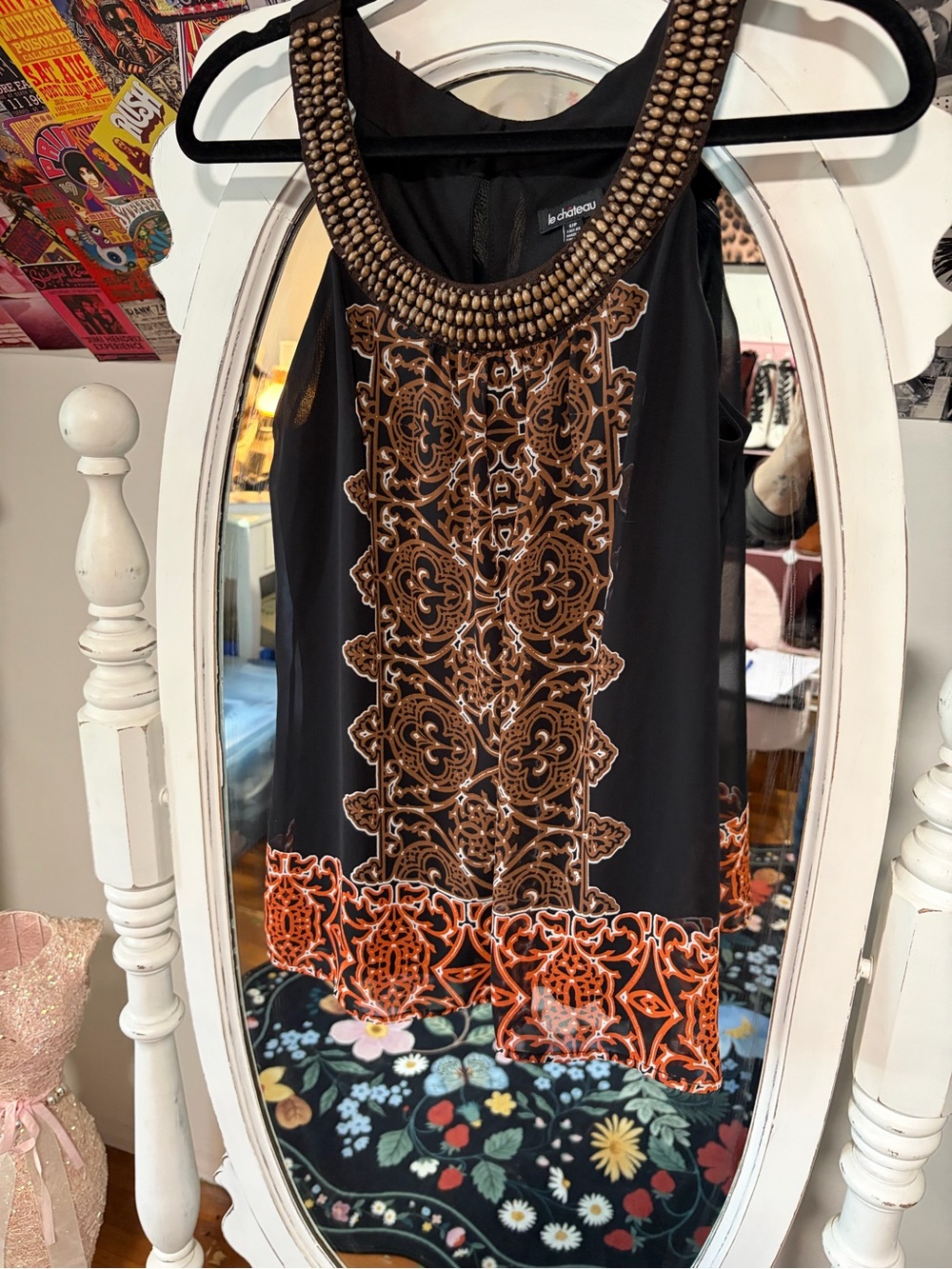 le chateau Black Tank Top with Brown Beaded Neckline and Orange Trim